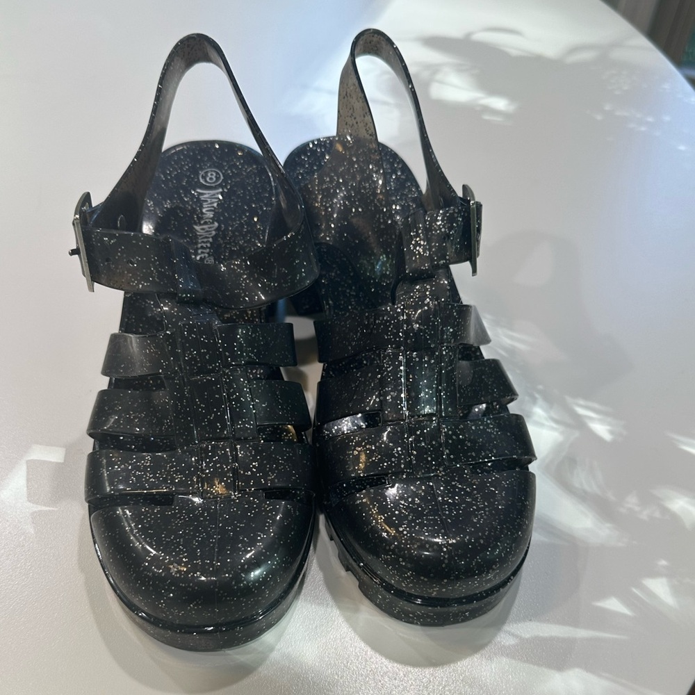 Goth Black Clear Sparkly Jelly Sandals with chunky heels- Size 8 New - Picture 4 of 6